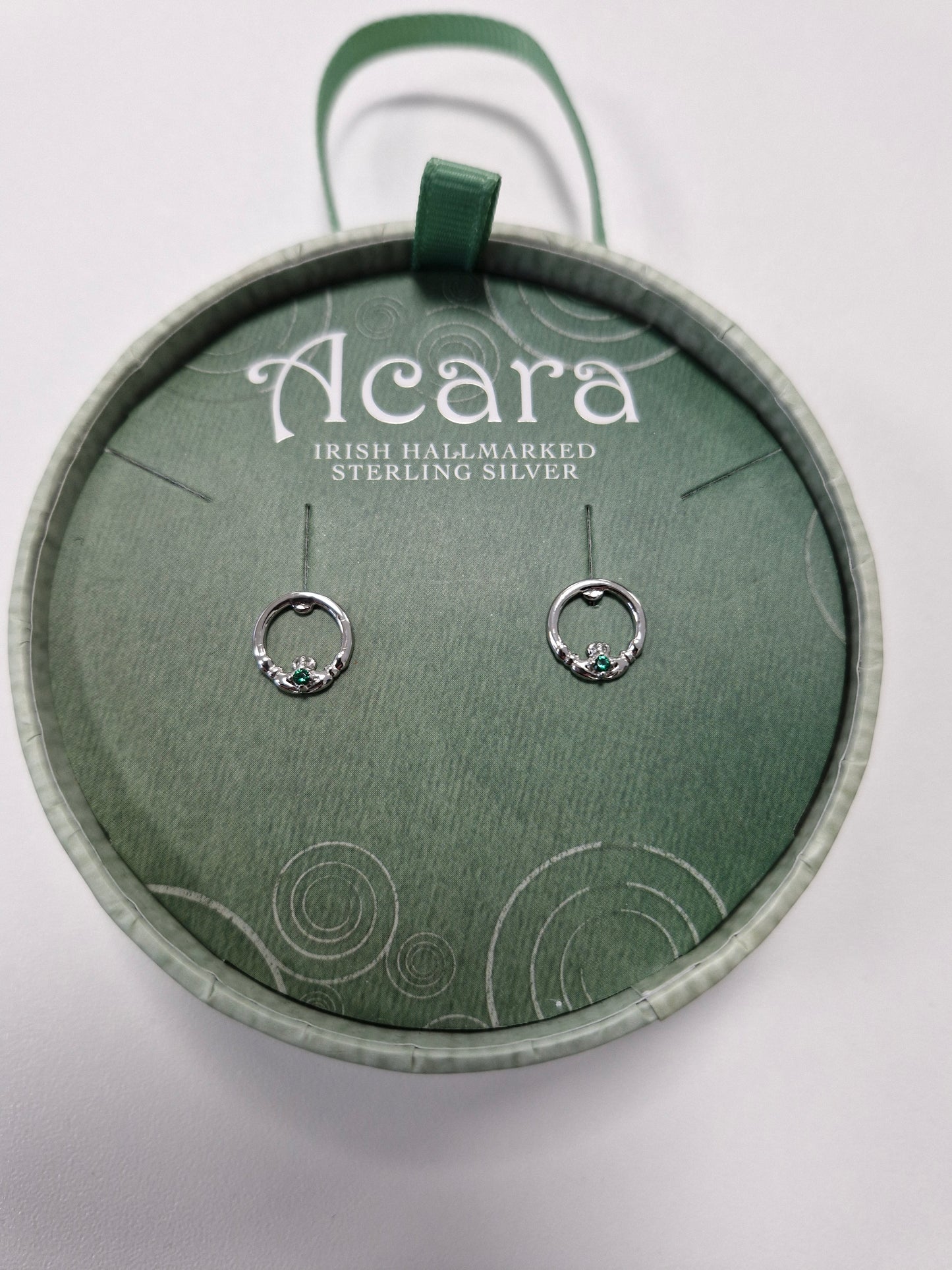 S/S GREEN CRYSTAL CLADDAGH STUD EARRINGS